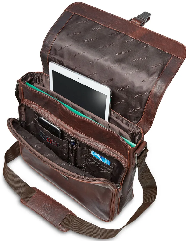 Mancini Leather Crossover Bag for 12" Laptop / Tablet with RFID Secure
