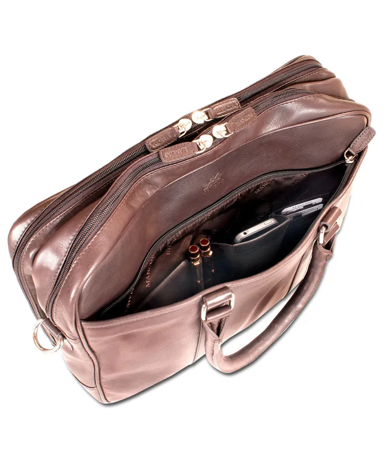 Mancini Leather Double Compartment Zippered Briefcase for 15.6" Laptop