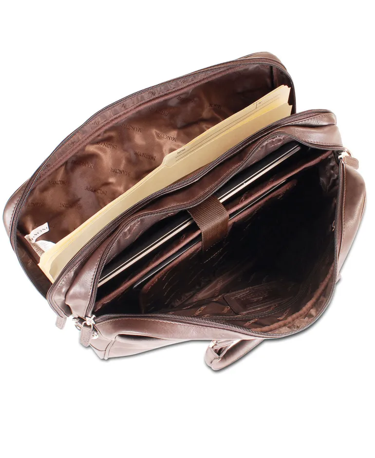 Mancini Leather Double Compartment Zippered Briefcase for 15.6" Laptop