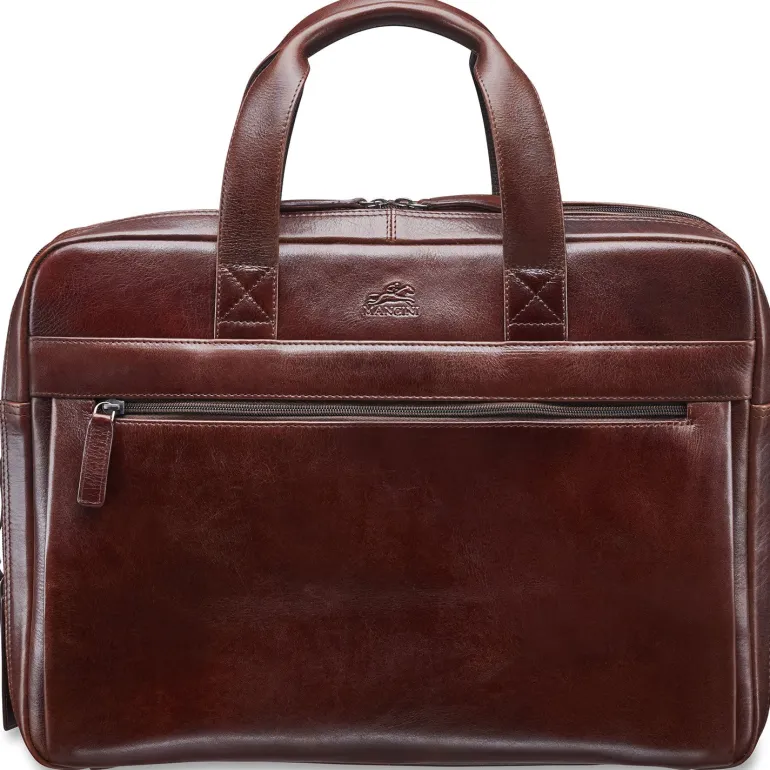 Mancini Leather Laptop Double Compartment Briefcase Brown