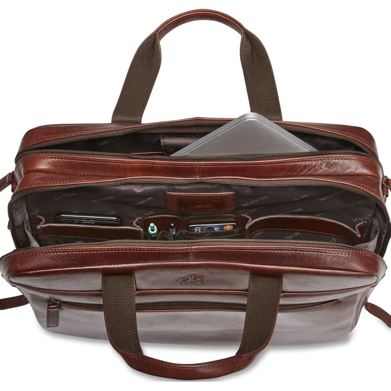 Mancini Leather Laptop Double Compartment Briefcase Brown