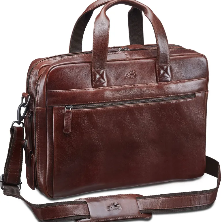 Mancini Leather Laptop Double Compartment Briefcase Brown