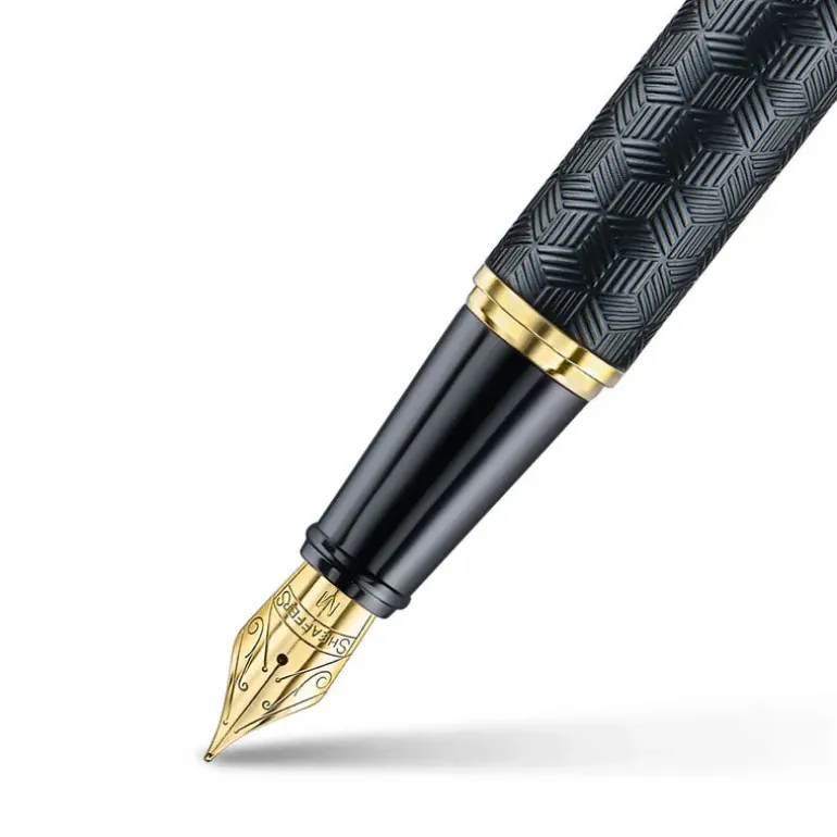 Sheaffer 300 ENGRAVED BLACK AND SHINY CHROME CAP GOLD TRIM Fountain Pen