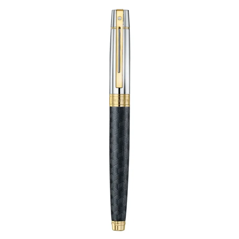 Sheaffer 300 ENGRAVED BLACK AND SHINY CHROME CAP GOLD TRIM Fountain Pen